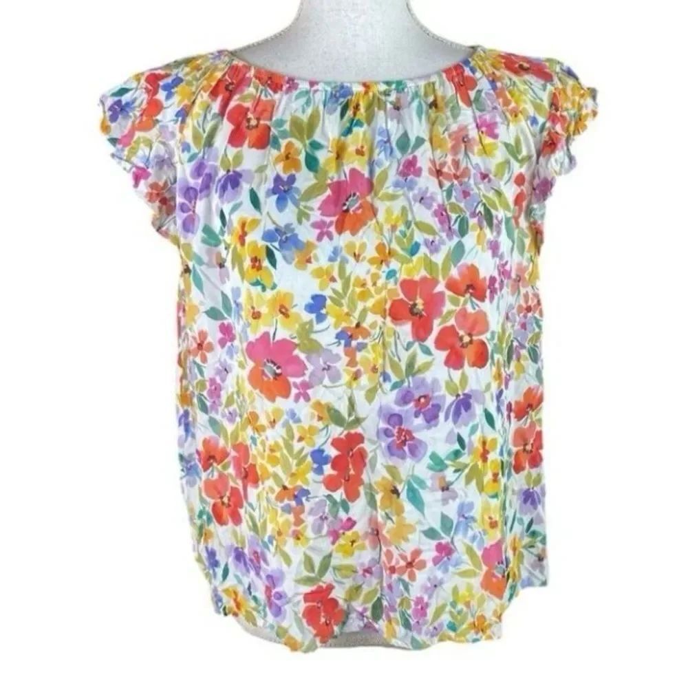 Velvet Womens Yellow Red Floral Flutter Sleeve Blouse Top Large